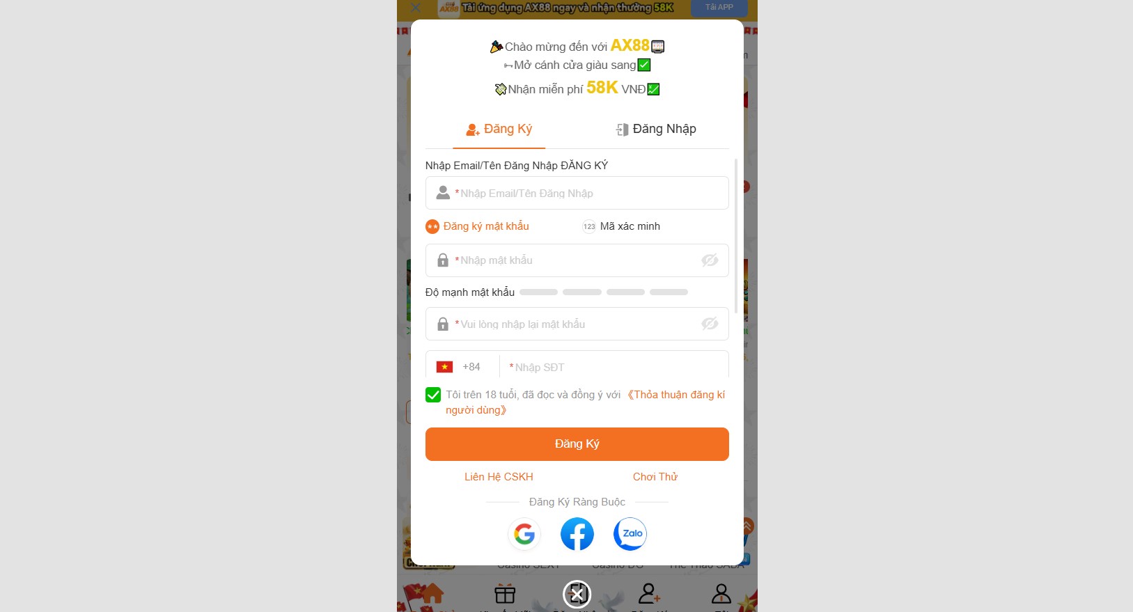 Form đăng ký AX88 tích hợp login bằng Google, Facebook lẫn Zalo.