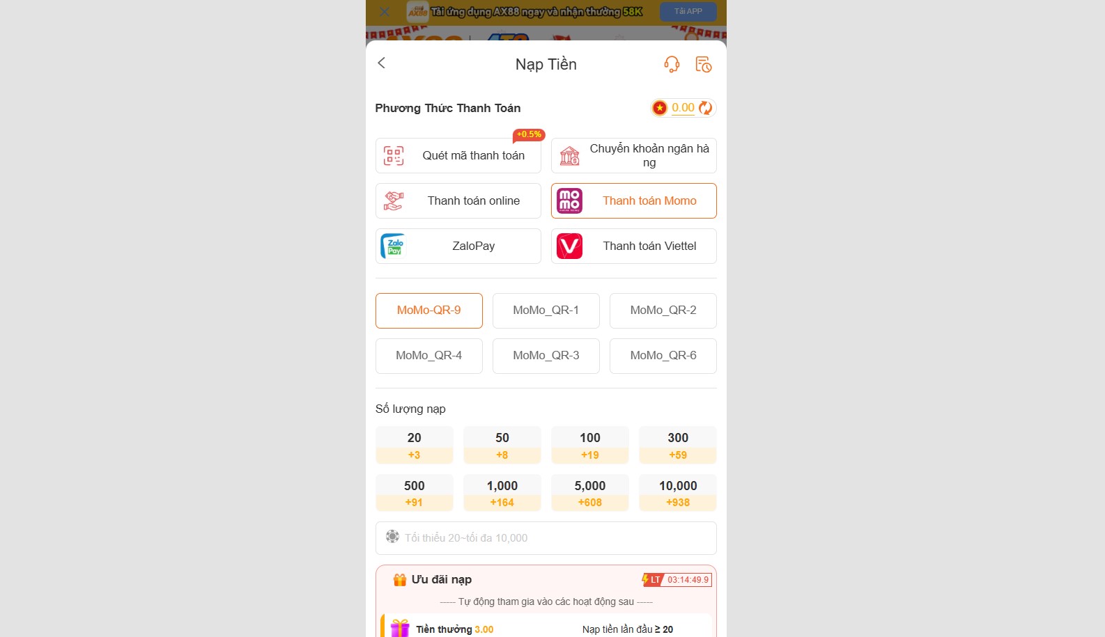 Giao diện trang nạp tiền ax88 qua phương thức ví điện tử MoMo