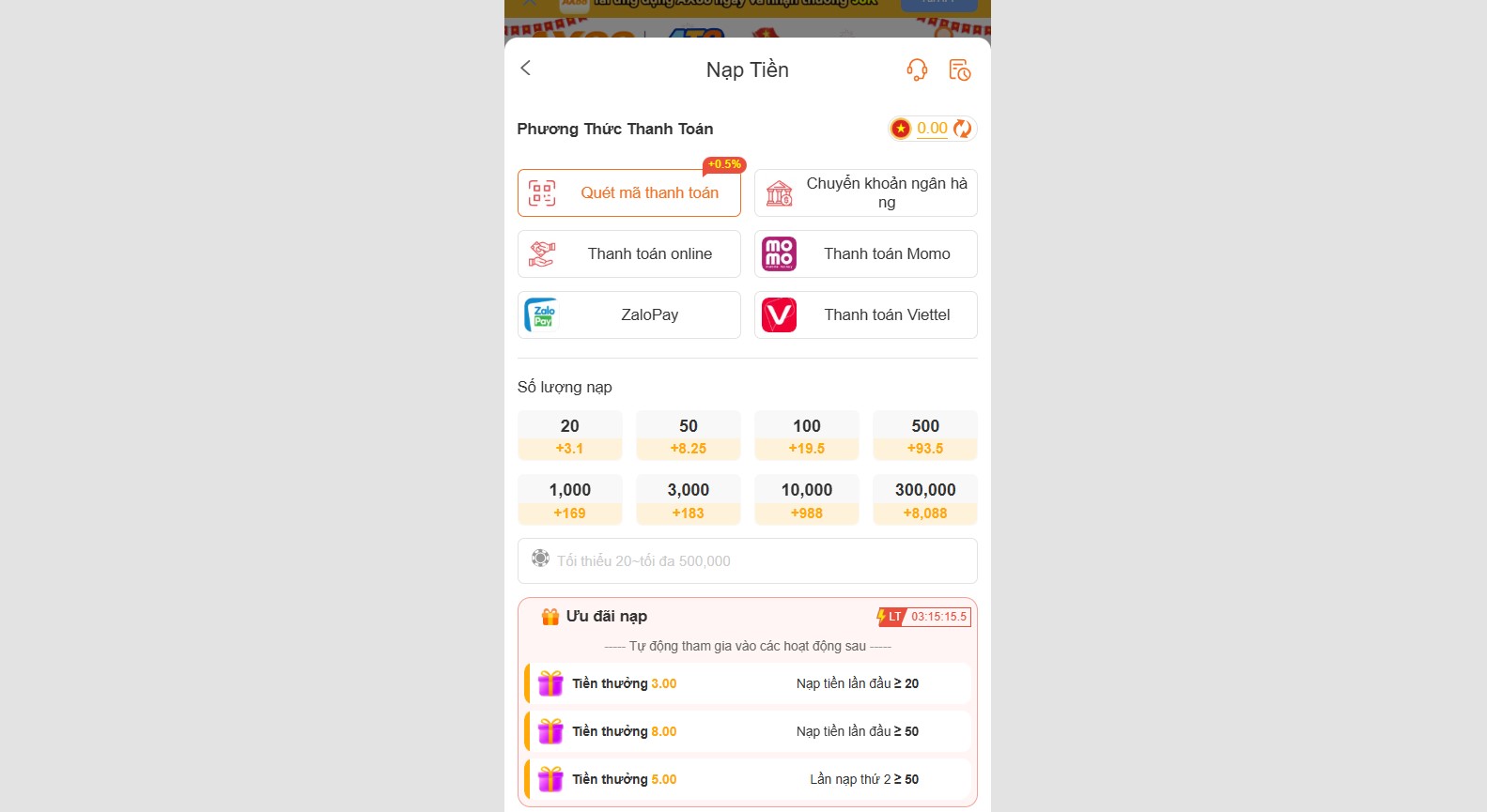 Giao diện trang nạp tiền ax88 qua phương thức quét mã thanh toán